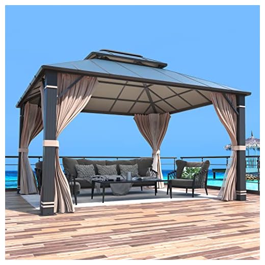 MELLCOM 12x14FT Hardtop Gazebo, Permanent Outdoor Aluminum Patio Gazebo with Aluminum Composite Double Roof for Patio Lawn and Garden, Curtains and Netting Included