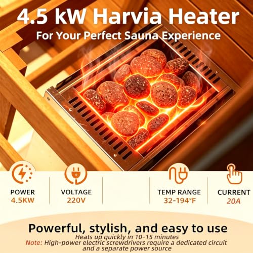 Image of Smartmak Wooden Steam Sauna, 2-Person Indoor Home Sauna, 4.5 Harvia Stove, with Cultural Stone Walls (220V, 194℉)
