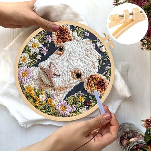 Image of GLLBTPT Embroidery Kit for Adults Beginner - Cartoon Cow with Daisy Flower DIY Embroidery Set, Includes Printed Cloth, Cotton Thread Pack, Frame & Instructions