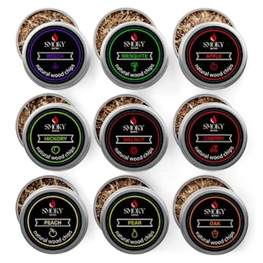 AMAZON - SmokyBistro 9 Smoking Wood Chips Flavors for Cocktail Smoker|9 Types of Premium 100% Natural & Organic Woods Flavors for your Old-Fashioned Whisky Bourbon Drink, including: Pear, Cherry, Apple, Peach, Walnut, Hickory, Oak, Beech, and Mesquite