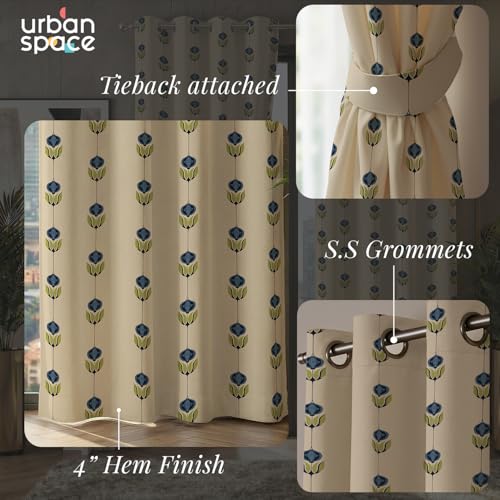 Image of Urban Space 100% Blackout Window Curtains 5 Feet Long Set of 2 | Printed Blackout Curtain | Thermal Insulated Curtains for Living Room, Bedroom Decor, Tieback Included (Lotus Trail, 5 Feet)