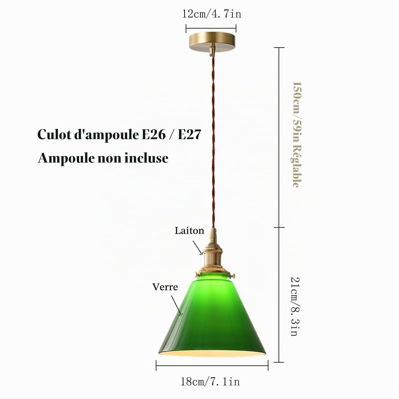 Lampe Suspendue Vintage Verre Vert Émeraude Lampe à Pendentif en Laiton Compatible Ampoule E27 Éclairage Plafond Rétro pour Cuisine Îlot Salle à Manger Bar Café Chambre (1-Lumière)