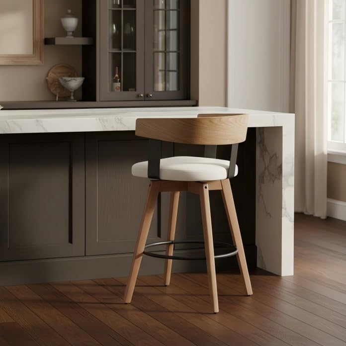 Miniatura 5 de DUOMAY Juego de 1 taburetes de bar giratorios de 26 pulgadas de altura de mostrador con reposapiés, taburete de bar moderno de madera con asiento