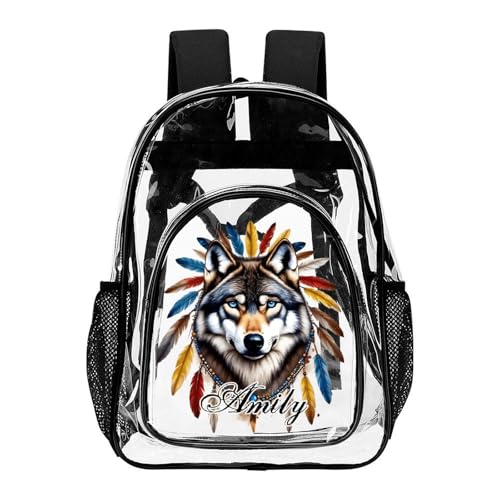 Custom Tribal Wolf Clear Backpack with Name Personalized Transparent Bookbag for Boys Girls PVC Waterproof Backpack Large Capacity Back to School Gifts