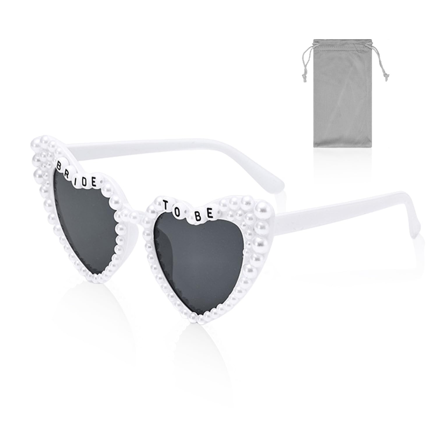 1 x okulary z perłowym sercem, 1 x torba na okulary, okulary BRIDE TO BE, okulary przeciwsłoneczne dla panny młodej, okulary przeciwsłoneczne na wieczór kawalerski