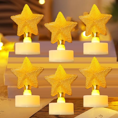 CHENBOOW Candele LED,6 Pezzi Candele Senza Fiamma,Natale Decorazioni,Candele Elettriche,Centrotavola a Forma di Stella Dorata,per la Decorazione Della Casa,Festa di Nozze,Natale
