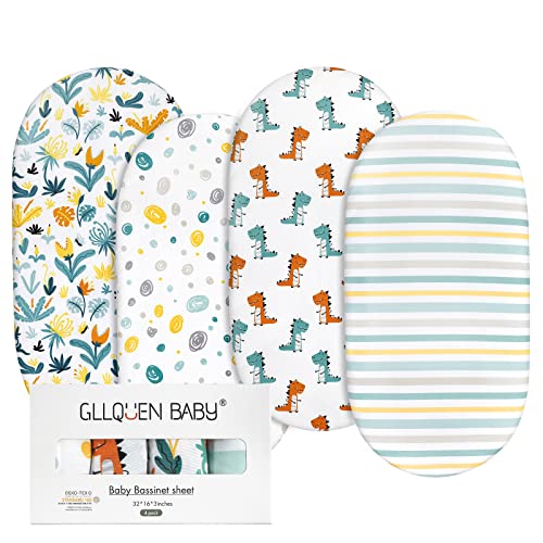 Image of Gllquen Baby Bassinet Sheets 4 Pack, Breathable Cozy Fitted Mattress Sheet, Elastic Travel Crib Fashionable Floral Pattern, Standard Cradle Safe Sheets for Baby Boy Girls 32"X16"(Dinosaur)
