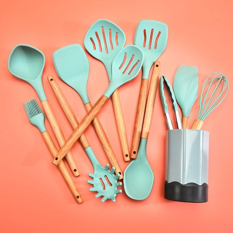 Silicone Kitchen Cooking Spoon Spatula Wooden Handle Kitchenware with Storage Bucket