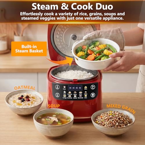 Image of Portable Digital Rice Cooker, 6-Cup (Uncooked) /12-Cup (Cooked) Small Rice Maker with Steaming Basket, Mini Rice Cooker with 2L Removable Nonstick Inner Pot, 10 Menu Options, Auto Keep Warm, 24 Hour Delay Timer (Dark Red)