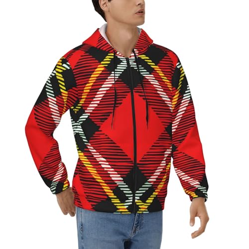 Sweat à capuche zippé à manches longues homme carreaux rouge noir