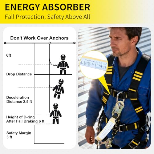 Image of 100FT Fall Protection Safety Rope, Heavy Duty Vertical Lifeline Assembly with Grab Snap Hooks Shock Absorber, Safety Lanyard for Roofing Tree Climbing Construction