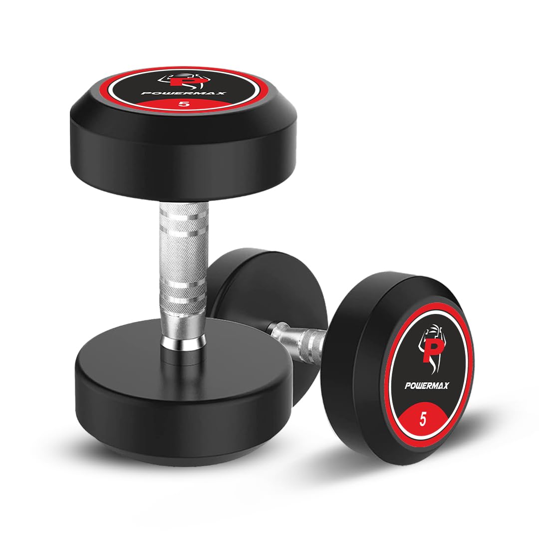 PowerMax Fitness 5kg Rubber Coated Round Dumbbells Pair (Set of 2) for Home Gym & Commercial Use | Durable, Floor-Friendly Free Weights | Ideal for Strength Training, Muscle Building, Cardio Workout