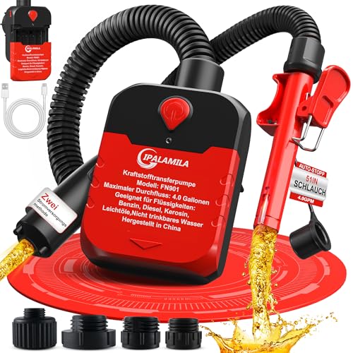 Kraftstoffpumpe mit Auto-Stopp-Sensor,4.0GPM (15L/min) Benzinpumpe Für Kanister,Aufladbare tragbare Dieselpumpe,Multifunktions-Flüssigkeitsförderpumpe für Benzin,Diesel und Öl,mit 4 Adaptergröß (Rot)