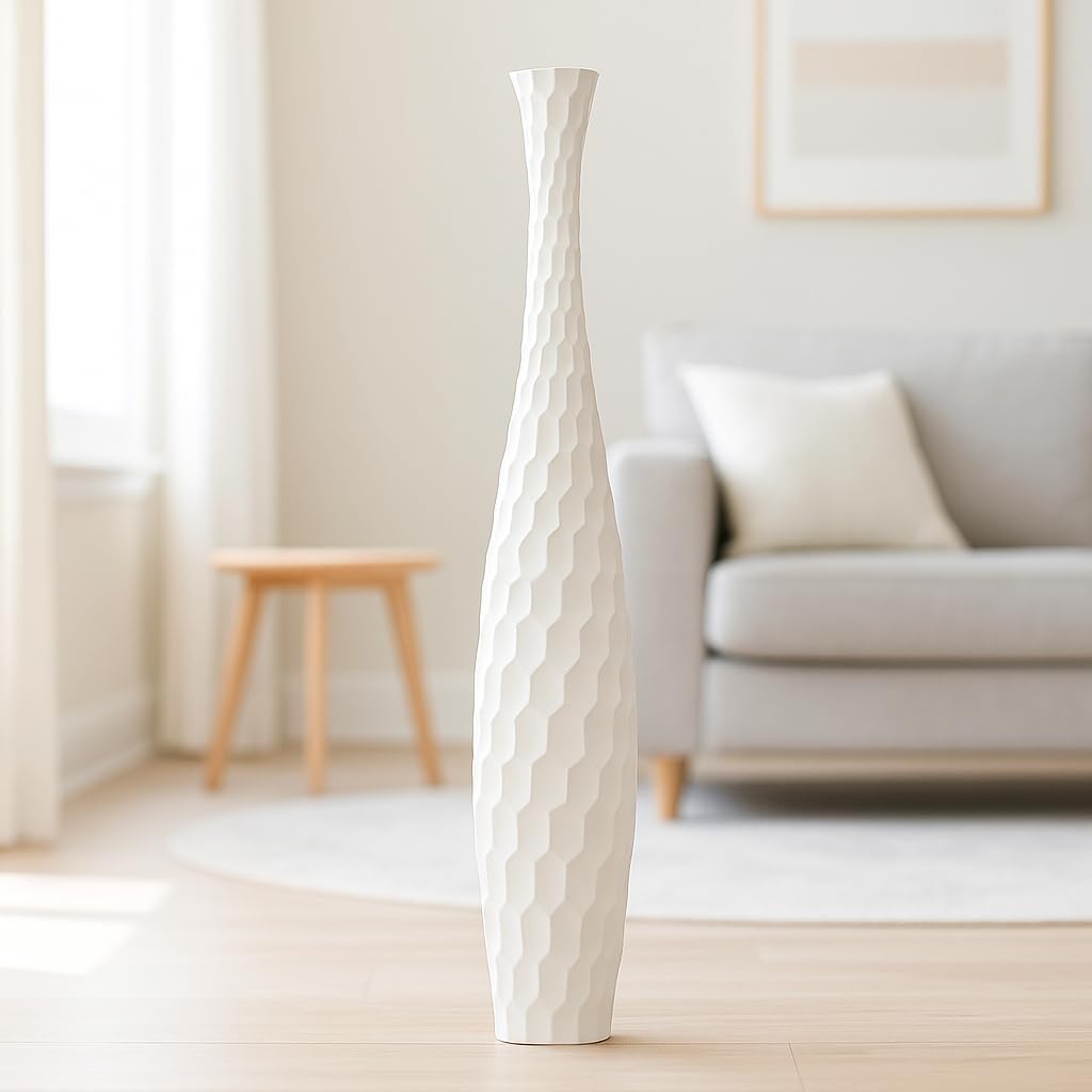 Leewadee Large Tall Floor Vase 85 cm - Handcrafted White Mango Wood Vase for Pampas Grass & Dried Flowers