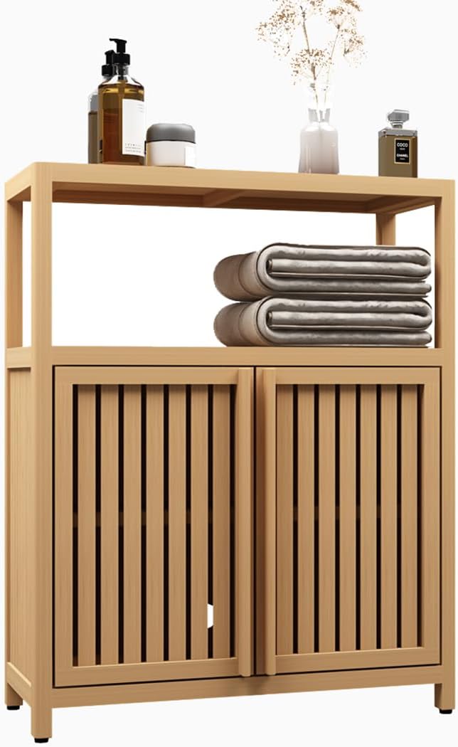 Ball & Cast Bamboo Storage-Cabinet, Bathroom Freestanding Cabinet with 2 Slat Doors,Multi-Purpose Bamboo-Floor Organizer for Entryway Living Kitchen Entryway, Natural