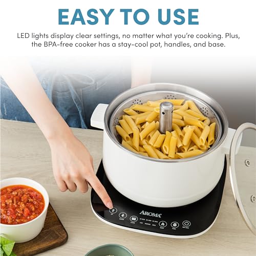 Image of Aroma Housewares 2.5-Liter Smart Electric Hot Pot & Rapid Boil Steamer with Automatic Stainless Steel Steamer Basket Lift, White, ASP-700