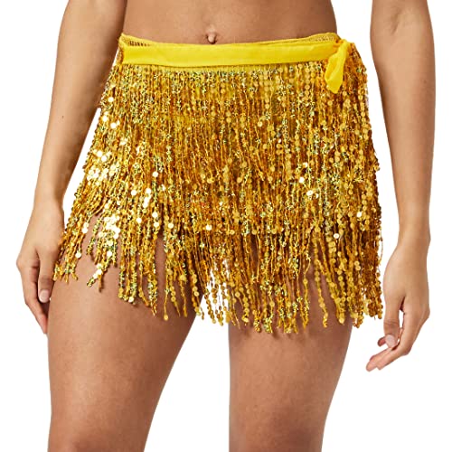 Sttiafay Bufanda de cadera para danza del vientre, lentejuelas y borlas, falda corta para danza del vientre, disfraz de fiesta para mujeres (negro), dorado, Talla única Cover