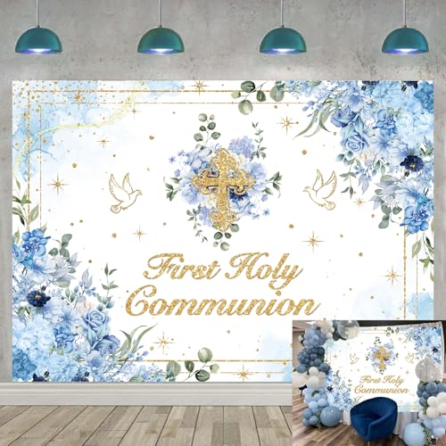 First Holy Communion Backdrop Boys God Bless Background Blue Floral Glitter Christening Party Decorations Banner Newborn Baby Shower Photo Props (Blue, 82x59 inch (7x5FT))