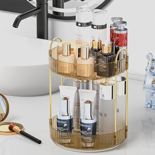 Image of 360 Rotating Makeup Organizer Bathroom Make Up Spinning Holder Rack, Large Capacity Cosmetics Storage Vanity Shelf Countertop, Fits Cosmetics, Perfume Skincare Lipsticks (2 Tier, Amber)