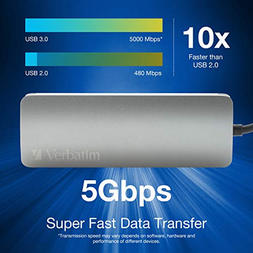 Image of Verbatim 6-in-1 USB C Hub Adapter with Dongle - 100W Power Delivery, USB 3.0 Ports, SD Card Readers, 3.5mm Audio Port for USB C Laptops