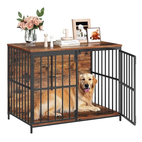 HOOBRO 386 Dog Crate Furniture Wooden Indoor Dog Kennel Decorative Dog Crate End Table Chew Resistant Heavy Duty Dog Crate for SmallMedium Dog Rustic Brown and Black BF100GW03