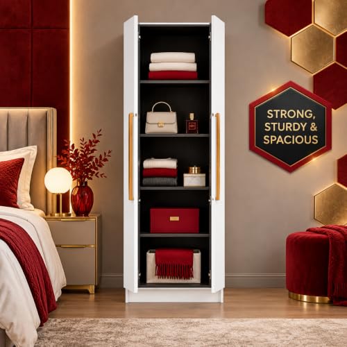 Image of Bniture Wooden Almirah for Clothes, Door for Bedroom, 2 Door Wardrobe with 4 Shelves Huge Storage Space (46D x 60W x 182H CM) | 3 Year Warranty (Frosty White)