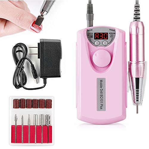 Portable Electric Nail Drill Machine，Professional 30,000RPM Nail Drill File Kit for Acrylic Nails，Nail Tools With 6 Pieces Changeable Drills And Sand Bands for Salon Use，Polishing, Nail Removing（Pink）