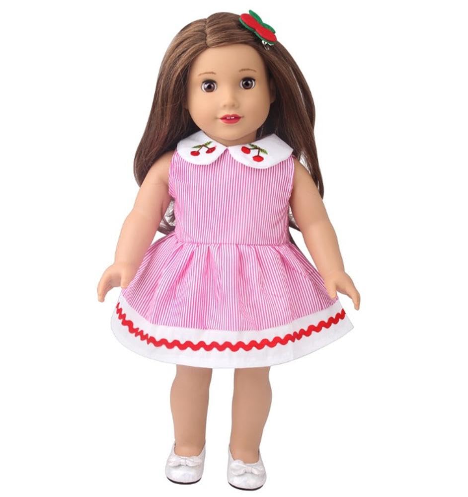 NIXNUT Doll Clothes Dress Striped Pattern Summer Clothing for American Girl Doll 18-inch with Cherry Decoration - Image 2