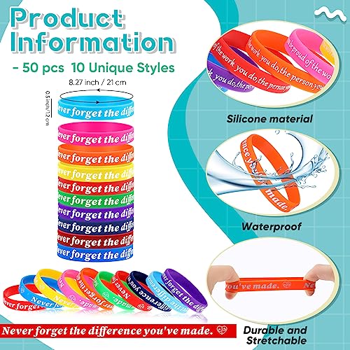 50 Pcs Employee Appreciation Gifts Silicone Bracelets Motivational Quote Never Forget The Difference You've Made Rubber Wristband Thank You Gift For Coworker Office Business Favor Teacher Nurse #TOP1