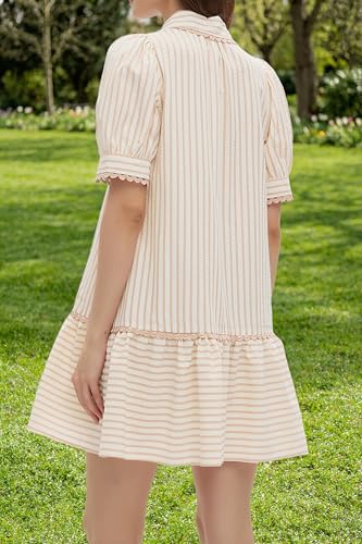 Image of EZAPINE Women Striped Shirt Dress Summer Button Down Collared Short Puff Sleeve Ruffle Hem Casual Flowy Mini Dress