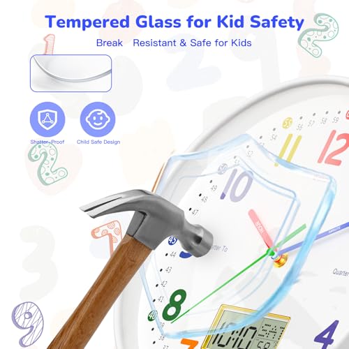 12" Silent Teaching Wall Clock with LCD Date Weekday Temperature Display – Tempered Glass, Non-Ticking Battery Operated Learning Clock for Kids Room, Classroom, Home Decor - Image 3
