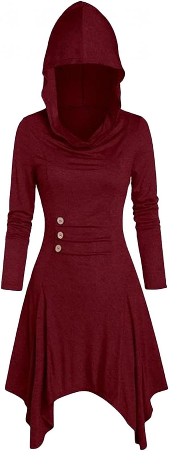 Women Hooded Sweatshirt Dress Long Sleeve Bandage Medieval Vintage High Low Cloak Robe Renaissance Hoodies Robe Button Hood