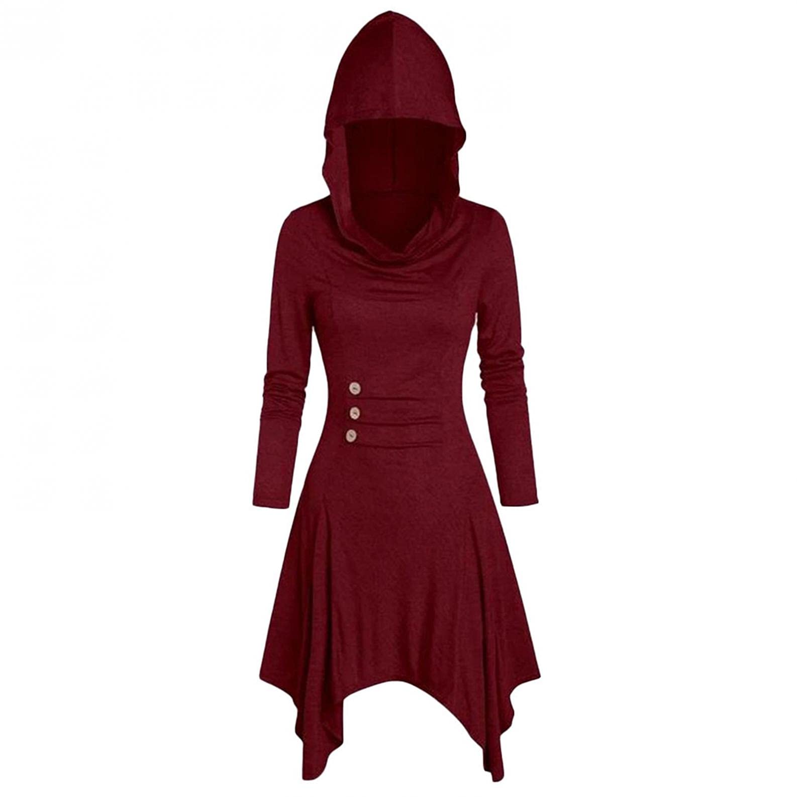 Women Hooded Sweatshirt Dress Long Sleeve Bandage Medieval Vintage High Low Cloak Robe Renaissance Hoodies Robe Button Hood