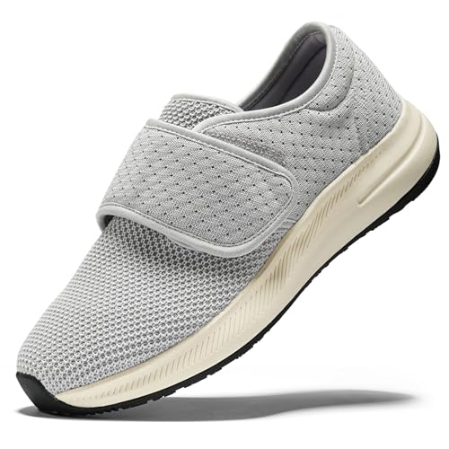 GudaFoot Mens Wide Width Diabetic Shoes with Easy Put On Adjustable Lightweight for Edema Bunions Swollen Feet Elderly Walking Slip-Resistant Rubber Sole Shoes Grey