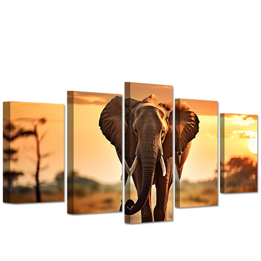 CXHOSTENT Elephant Canvas Wall Art 5 Panels African Animals Wall Decor Wild Animals Pictures Print Wildlife Poster Large Living Room Office Decor Framed (20x35cmx2 20x45cmx2 20x55cmx1)