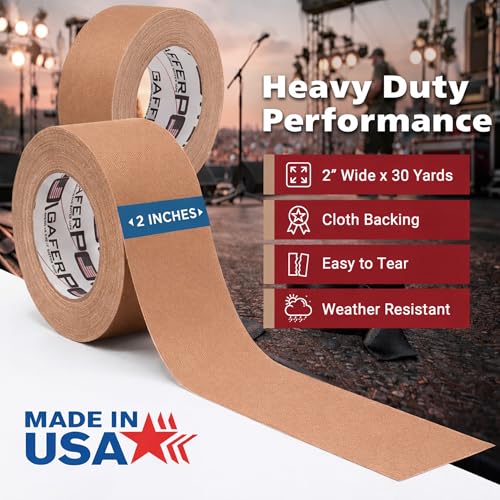 Image of Gaffer Power Proudly Made in The USA, Real Professional Grade Gaffer Tape, Heavy Duty Gaffers Tape, Non-Reflective, Multipurpose. 2 Inches x 30 Yards, Tan