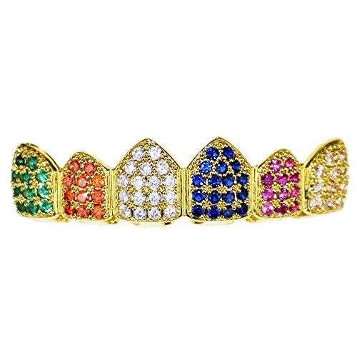 18K Gold Plated Multi-Color Clown Grillz Upper CZ Bling Cubic Zirconia Top Teeth Hip Hop Grills
