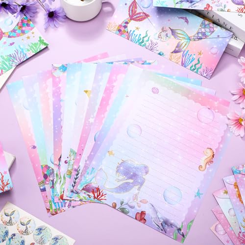 Image of TaoBary 160 Pcs Stationery Paper Set 50 Double Sided Stationery Papers with 50 Matching Envelopes and 60 Round Dot Sticker, 10 Design(Mermaid,8.5 x 11 Inch)