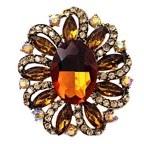 SELOVO Flower Rhinestone Statement Brooch Pin Accessory Antique Gold Tone