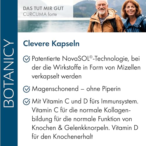 BOTANICY Curcuma forte - 30 Kurkuma Kapseln - Flüssiges NovaSOL Curcumin plus Vitamine C und D - Hochdosiert, Hohe Bioverfügbarkeit, Ohne Piperin - Laborgeprüft in Deutschland