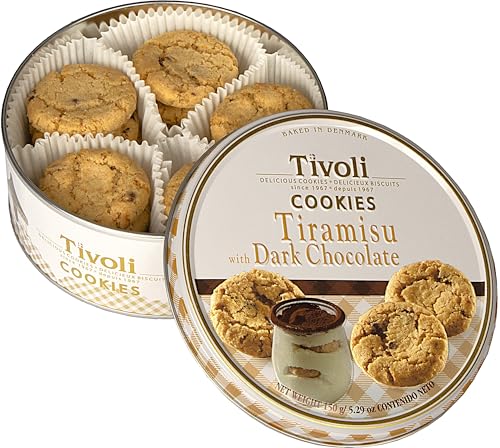 Jacobsens of Denmark Tivoli Tiramisu Dark Chocolate Cookies 150g - SMALL Tin (139mm diameter x 55mm height) - Traditional Biscuit Tin Gift for Women Men & Kids