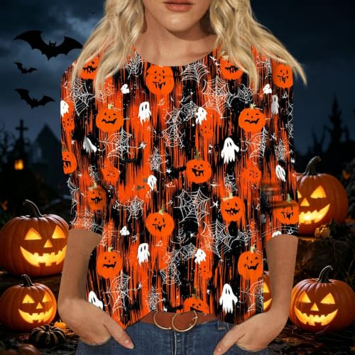Image of Women Spooky Halloween Graphic Shirt 3 /4 Length Sleeve Crewneck Top | Halloween Funny Printed Pumpkin Plus Size Tshirts 2026 Fall Outfits Skeleton Tee Going Out Tops