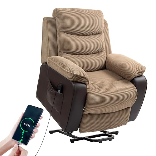 HOMCOM Sillón Relax Reclinable Eléctrico Levanta Personas, Sillón Elevador, con Puerto USB, Control Remoto, Reposapiés, Tapizado en Pana, Bolsillos Laterales, Marrón