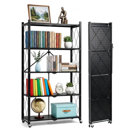 Image of COKIHOM 5 Tier Foldable Storage Shelf with Wheels, Heavy Duty Metal Rolling Shelf Rack, No Assembly Wire Shelving Unit for Kitchen, Books, Living Room, Pantry, Garage, Office, Bedroom, Black