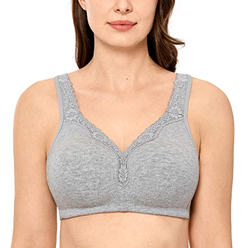 DELIMIRA Women's Wireless Plus Size Full Coverage Lace Bra Cotton Unlined Comfortable Grey 52D