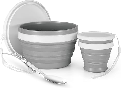 Odoland Kit de desorden para acampar 1 persona con cuenco plegable de silicona taza plegable y cuchara de acero inoxidable para mochileros al aire