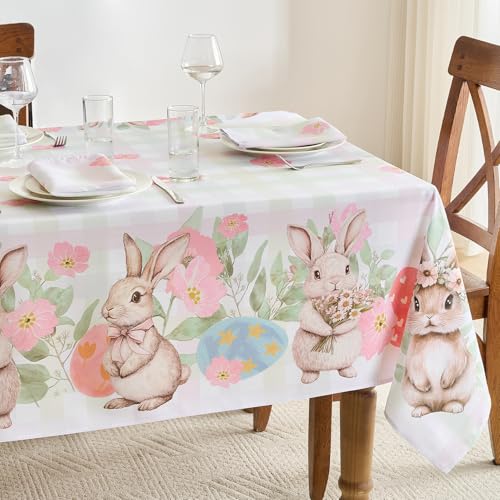 FIBORIA Nappe de Paques 240x140 cm Motif Lapin et Carreaux Colorés Nappes Lavable Exterieure Déperlant Elégant Rectangulaire Tablecloth pour Table de Jardin...