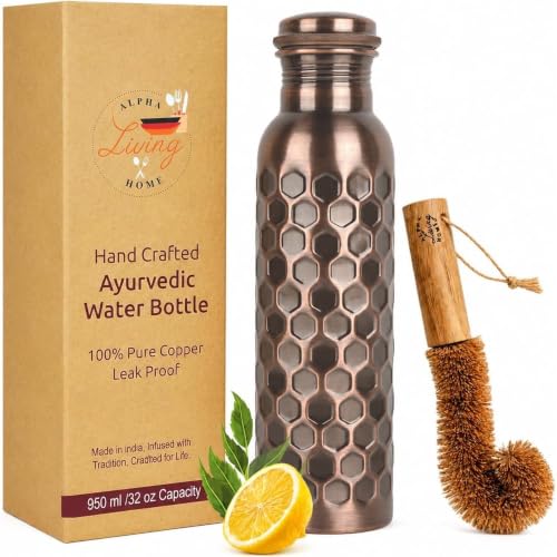 Image of Copper Water Bottle Pure, Copper Drinking Bottle Honeycomb, 32 oz Antique | 100% Pure Copper, Antique Honeycomb Cut Finish, Leak-Proof Cap, Ayurvedic use, Includes Cleaning Brush