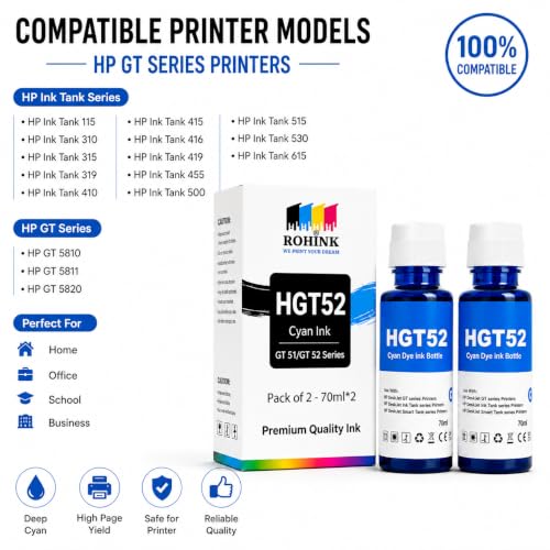 Image of ROHINK GT51 GT52 Ink Refill Dye Ink Compatible with HP Ink Tank 115, 310, 315, 319, 410, 415, 416, 419, 455, 500, 515, 530, 615, GT 5810, GT 5811, GT 5820 (HP HGT52 Cyan Pack 2)
