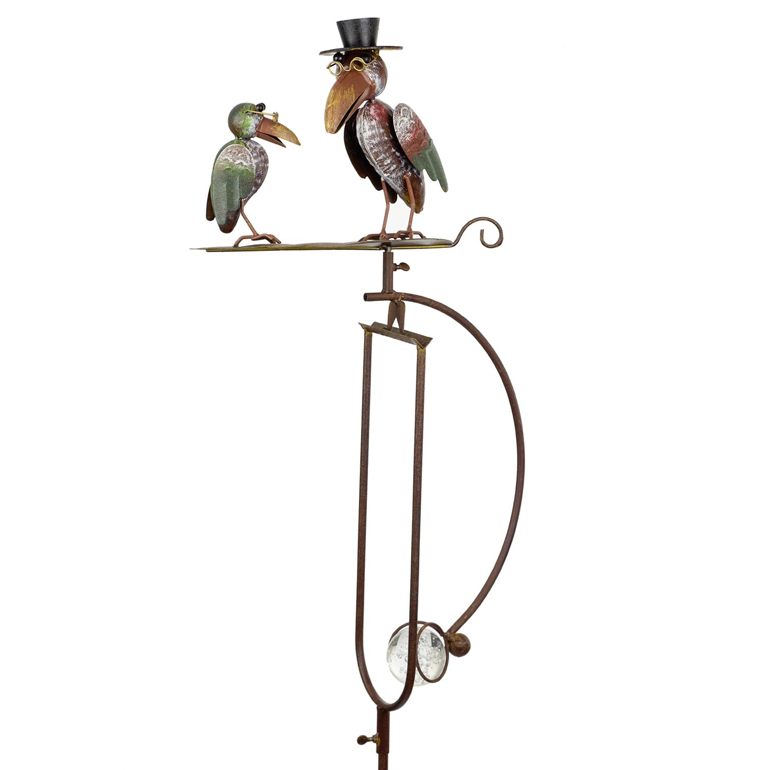 Piquet de jardin décoratif en métal - 150 cm de haut - 2 oiseaux amusants avec cylindre et lunettes sur cadre pendulaire - Résistant aux intempéries - Figurine de décoration de jardin mobile avec